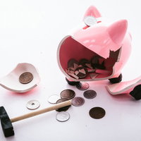 貯めてきた豚の貯金箱をハンマーで破壊した現金と小銭の写真