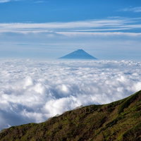 大雲海と富士山のシルエット：朝焼けに浮かぶ山頂の絶景の写真
