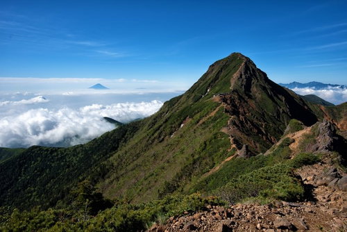 赤岳の岩稜から望む富士山と雲海の絶景