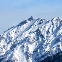 槍ヶ岳の黒い穂先と雪化粧した穂高連峰の冬景色の写真