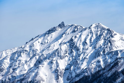 槍ヶ岳の黒い穂先と雪化粧した穂高連峰の冬景色