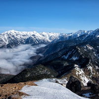 焼岳と北アルプスの大パノラマ 雪山の絶景の写真