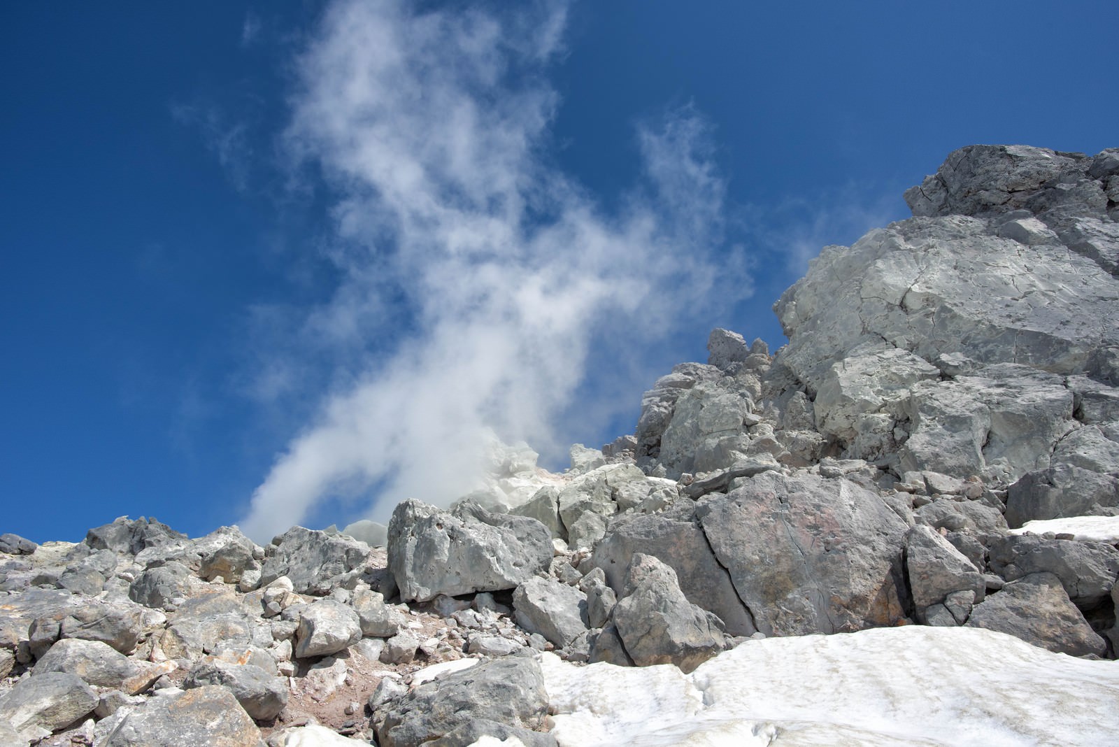 焼岳の岩場から白い噴気が立ち上がる様子を青空を背景に捉えた写真