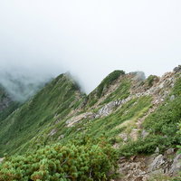 一面の雲と傾斜の登山道（八峰キレット）の写真