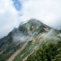 山肌あらわになった傾斜と八峰キレットの尾根の写真