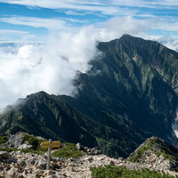 キレット縦走の登山道に立つ指導標と八峰キレットの稜線の写真