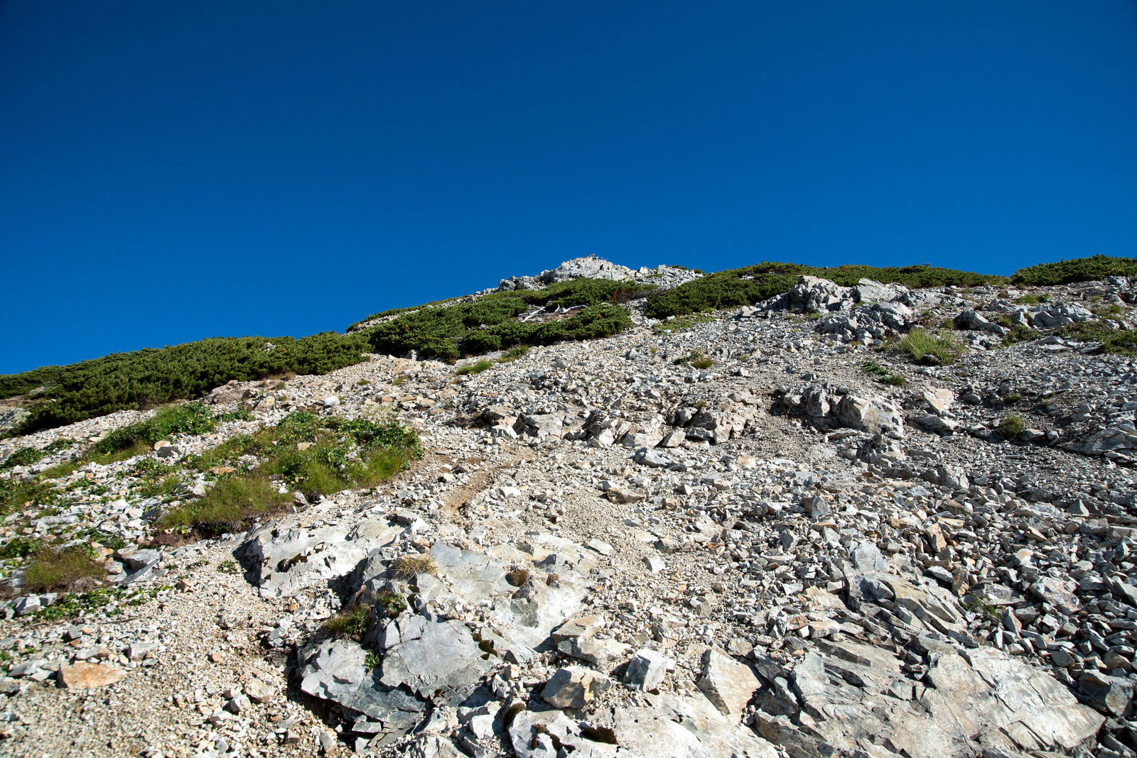 青空の下に広がる岩と砂利の急斜面を映した登山道