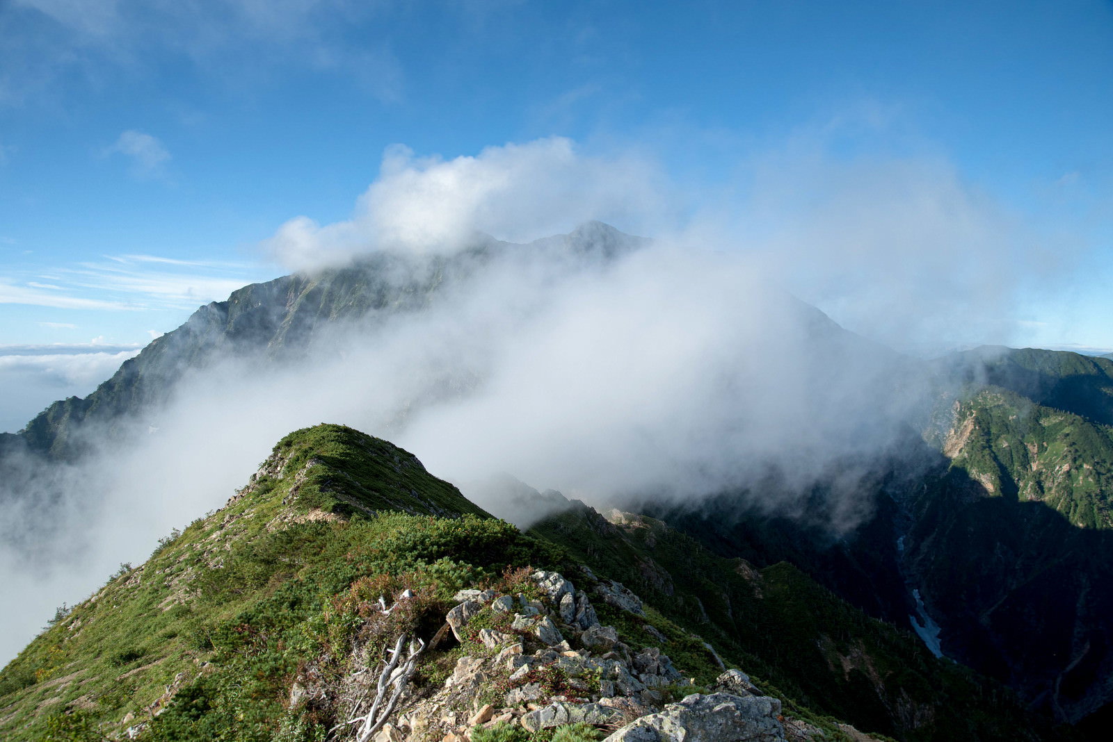 雲に包まれた険しい山稜線と緑の山肌が見える登山道の風景