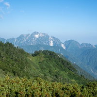 キレット縦走路から遠くに霞む山々と岩尾根の写真
