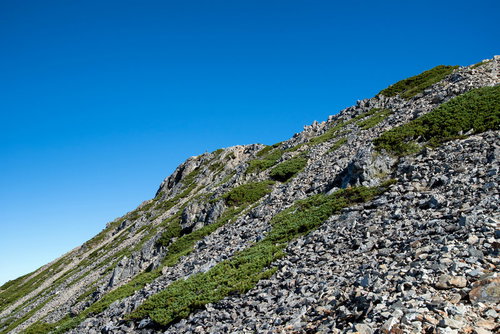 辺り一面のガレ場と青い空
