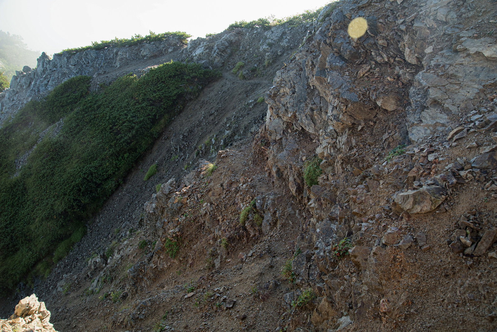 崩れ落ちた登山道と剥き出しになった茶色い山肌の風景
