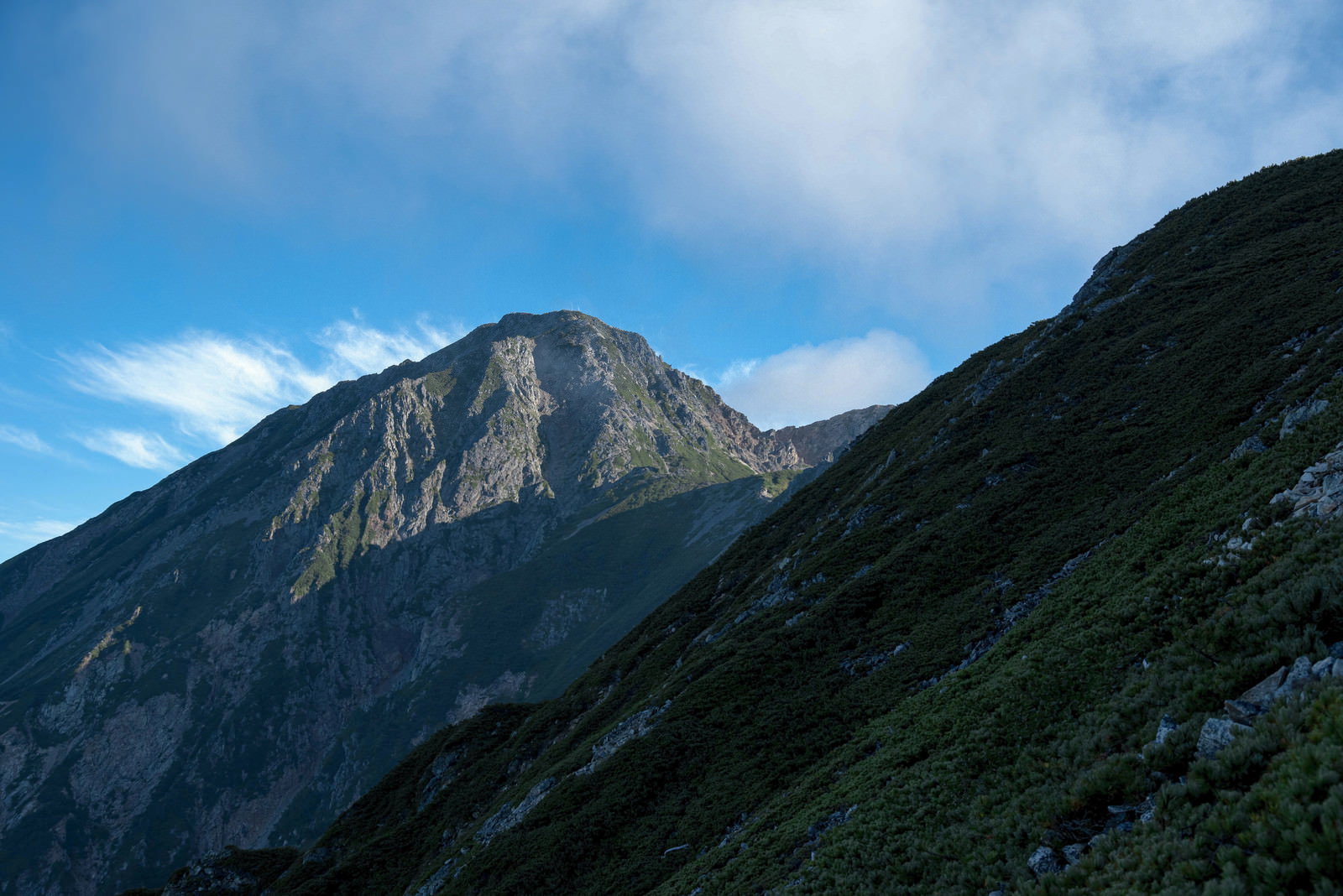 険しい山々の稜線が青空の下に連なる山岳風景