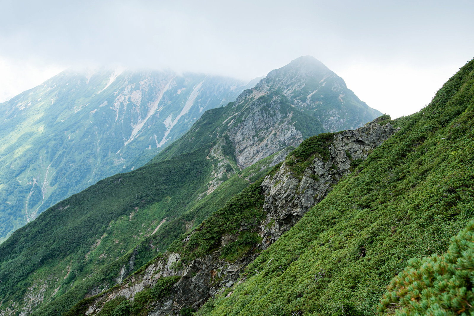 雲に覆われた険しい岩尾根と緑の急斜面が続く山岳風景