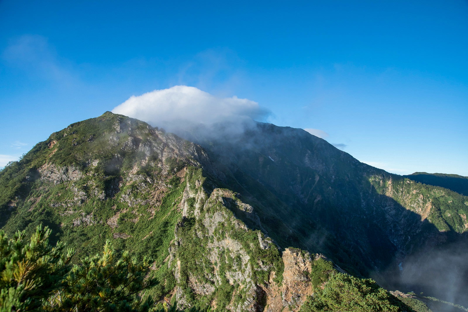 白い雲に覆われた緑の山稜線と青空の山岳風景