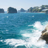 伊豆の断崖に打ち寄せる波としぶき、荒波が岩場に激突する海景の写真
