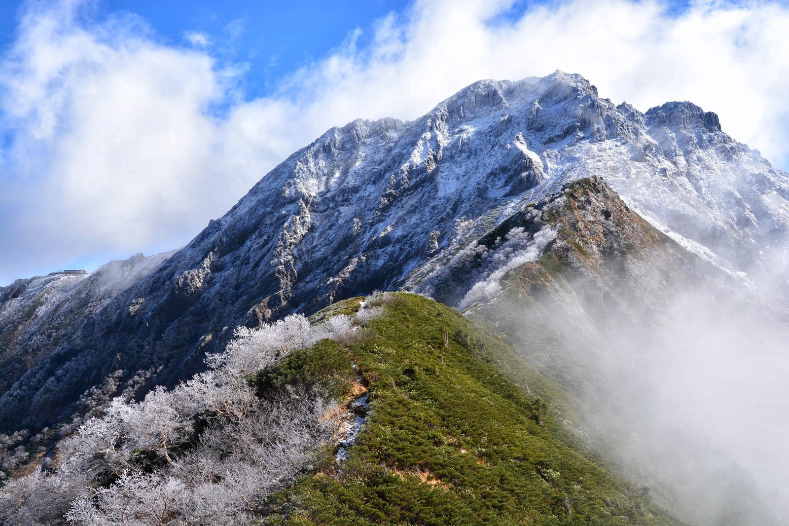 雪に覆われた赤岳の山頂と雲海に包まれた稜線