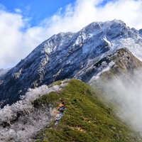 初冬の赤岳、衣替え。雪化粧した山頂と雲海の稜線の写真