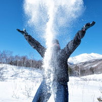 魔法のパウダースノーを両手で舞い上げるスキーヤーの写真