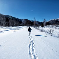 青空の下、新雪の雪原を歩く人の足跡が続く冬山の風景の写真