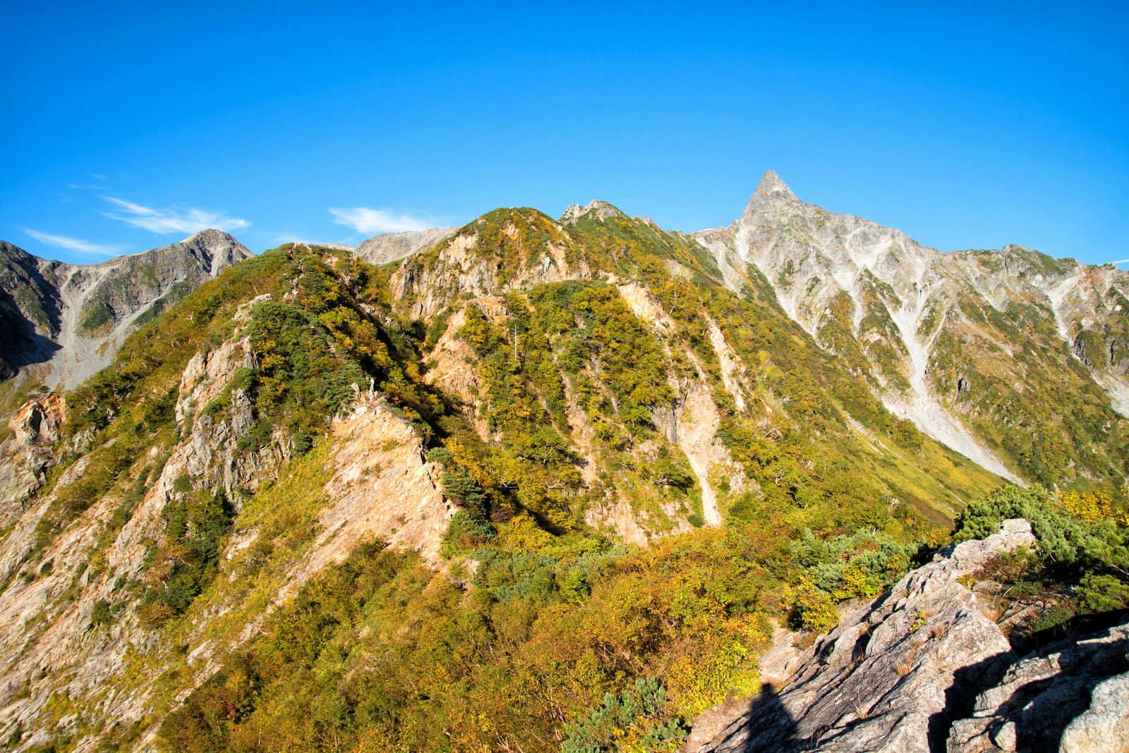 青空の下、黄色や赤に紅葉した東鎌尾根の山々が連なる風景