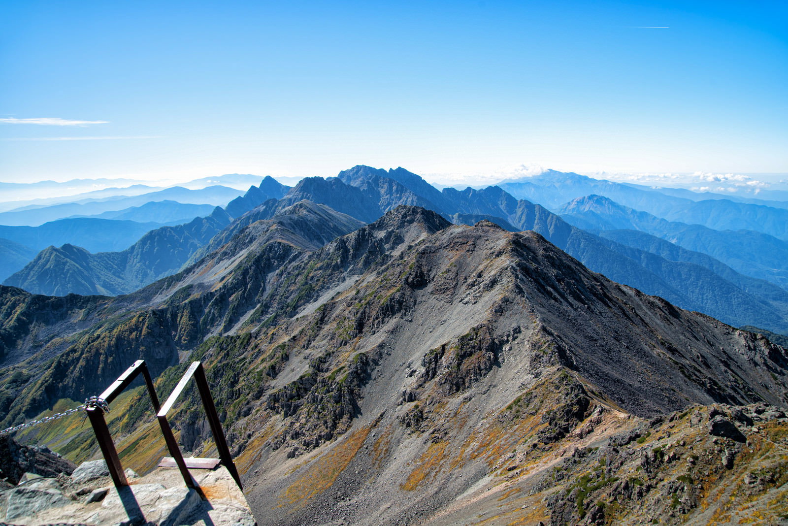 槍ヶ岳山頂から望む飛騨山脈の稜線と青空のパノラマ風景