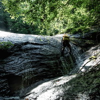 緑の森の白い岩肌の滑滝に挑むクライマーの沢登りの写真