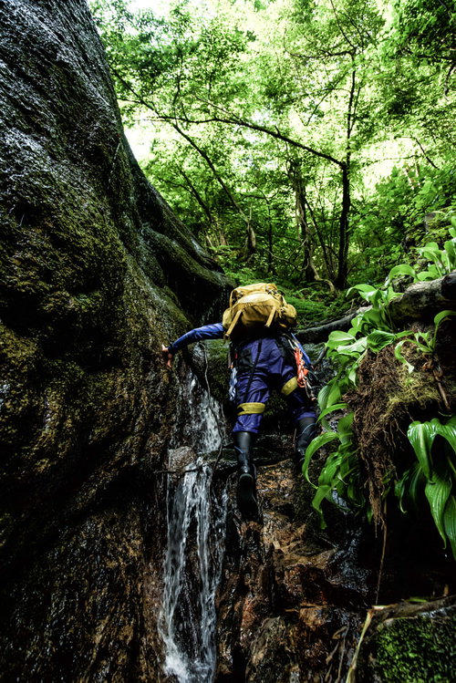 小さな滝を直登するヘルメット着用のクライマー