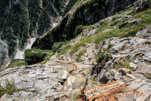 2峰から望む不帰キレットの鎖場と険しい岩場
