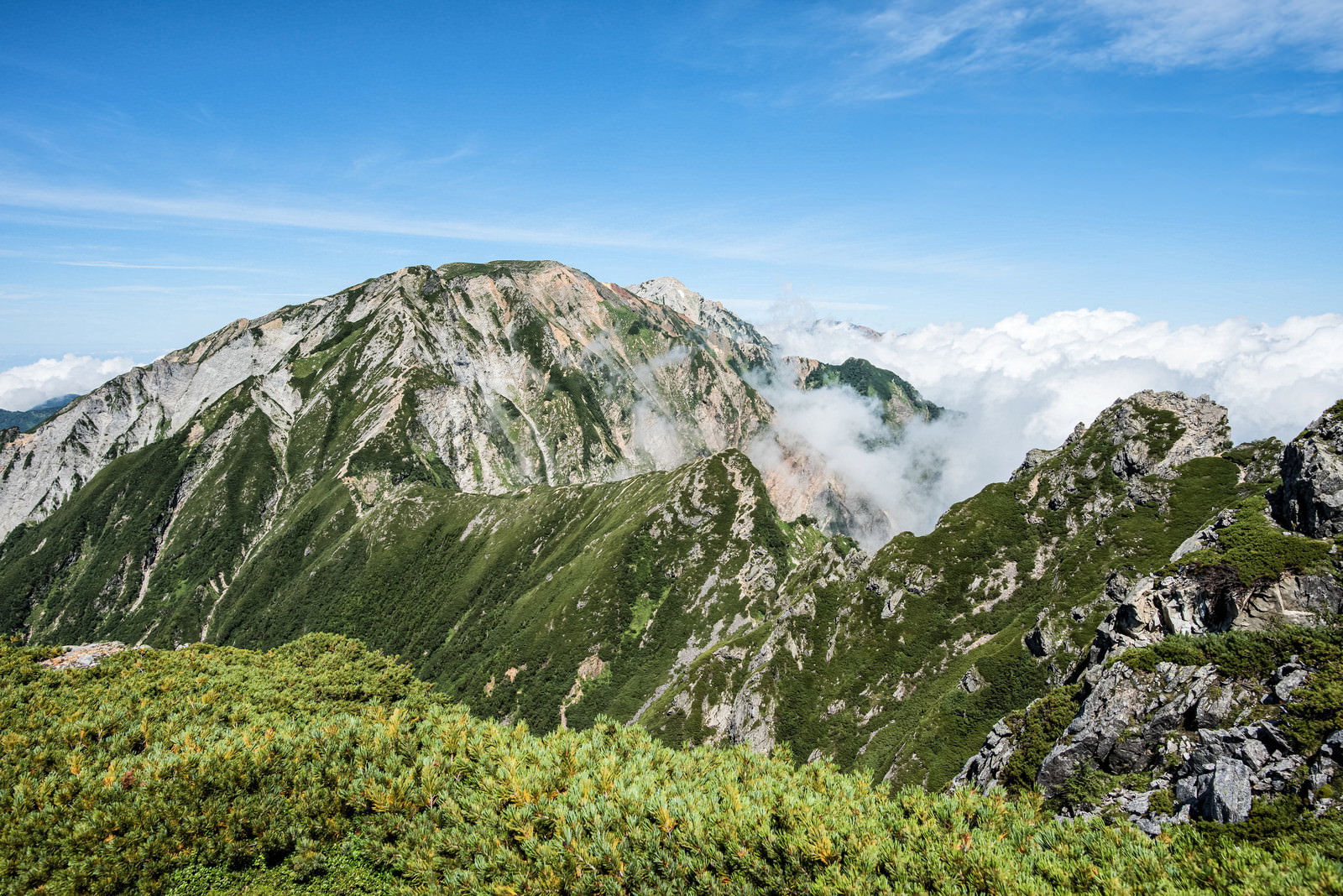 2峰から望む不帰キレットの険しい岩稜と雲海が広がる山岳風景