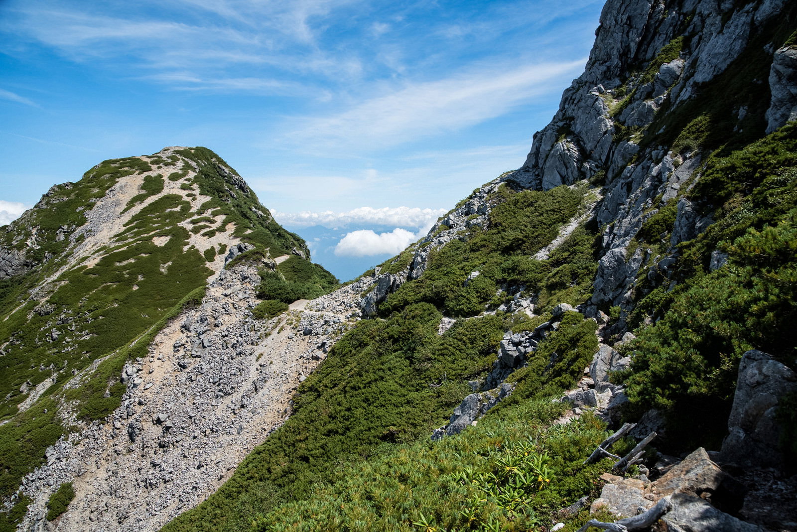 険しい岩稜帯の巻道を写した山岳写真