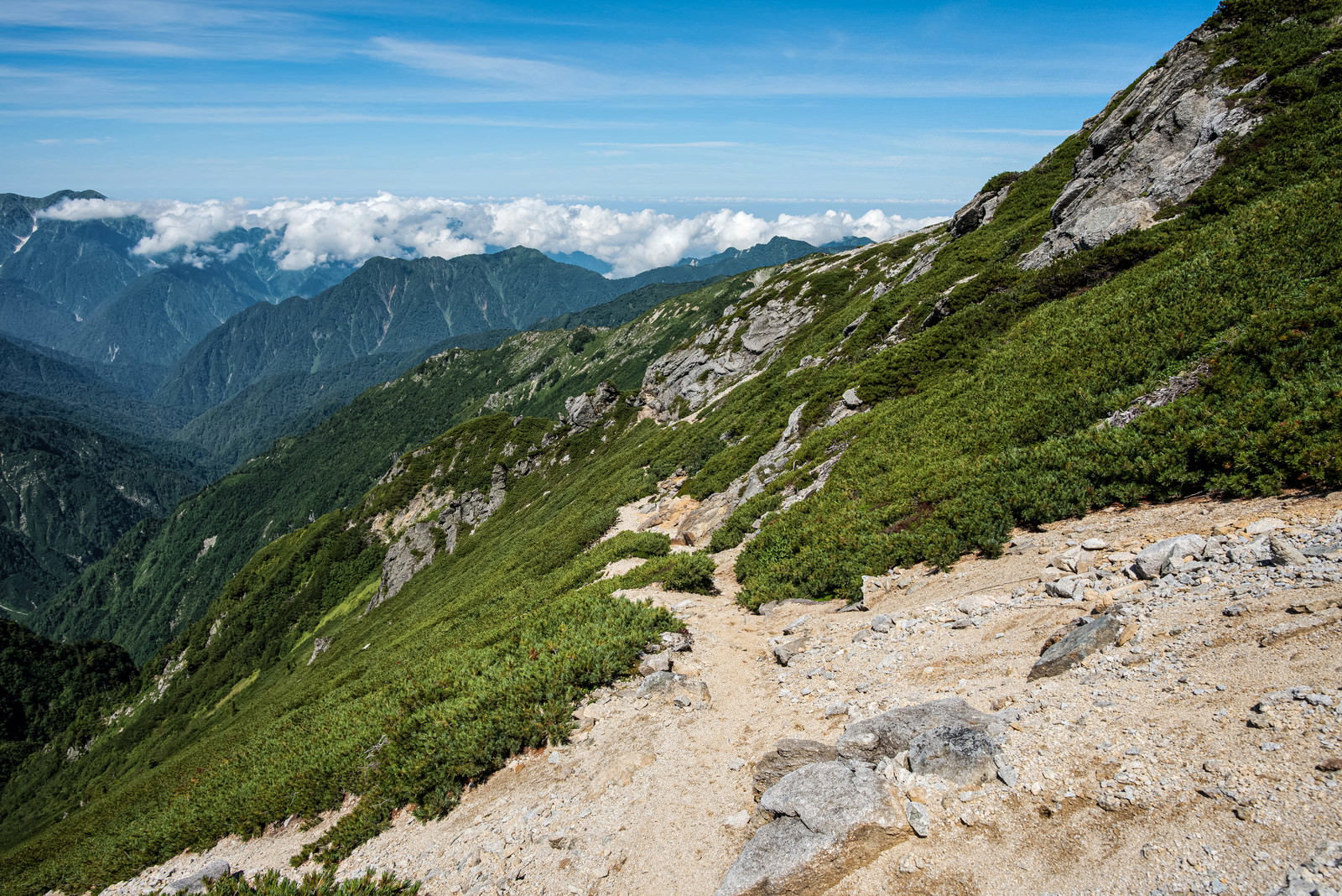 不帰キレットの険しい山稜に続く細い巻道と岩場の風景