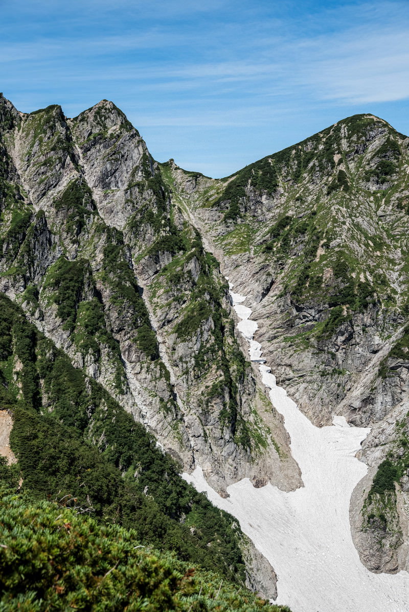 不帰キレットの切り立った岩峰と白い雪渓が広がる山岳風景