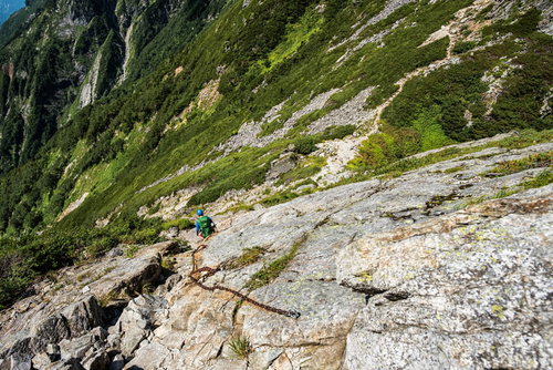 不帰キレットルート2峰付近の急な鎖場と切り立った岩肌