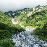 ガスに包まれる白馬岳の登山道を行く登山者たちの写真