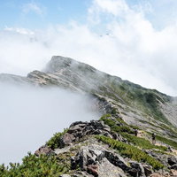 ガスに包まれ始める天狗背稜の登山者たちの写真