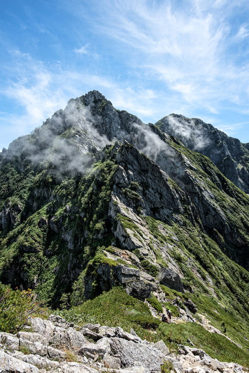一峰から見る不帰キレットの二峰核心部と岩稜帯の景観