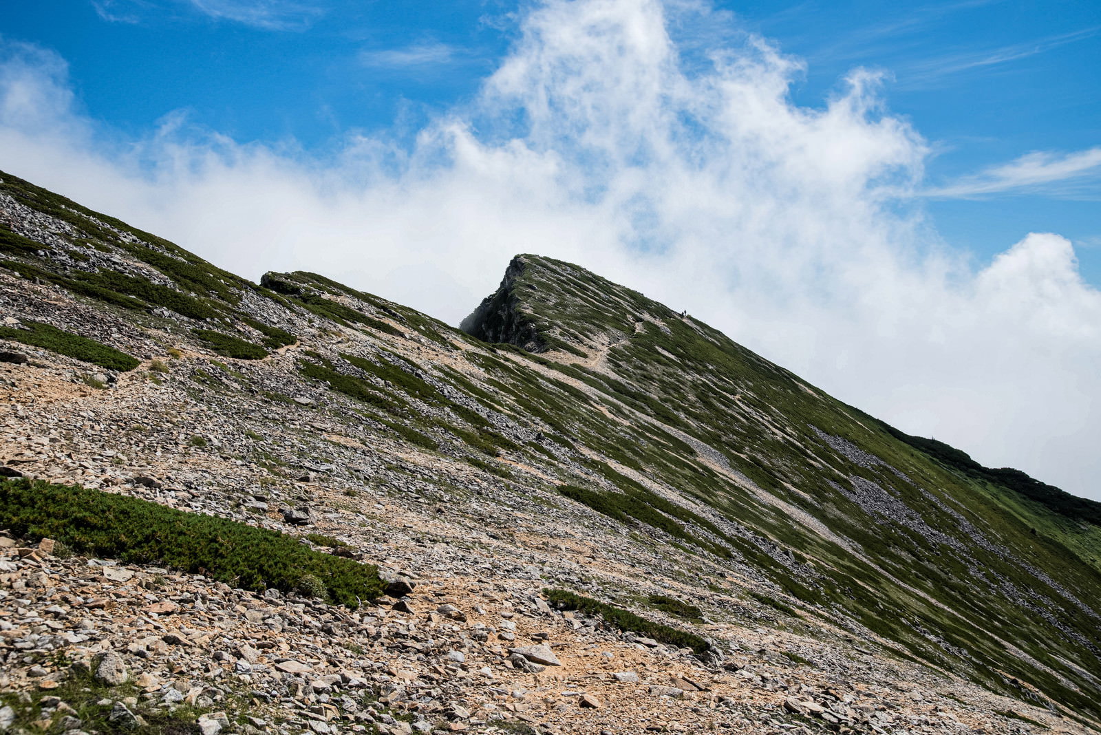 不帰キレットの天狗背稜を歩く登山道と岩稜の風景