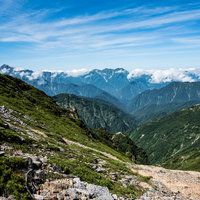 不帰キレット三峰から見る黒部方面の登山道の写真