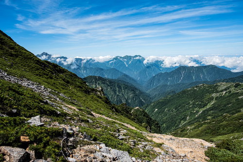 不帰キレット三峰から見る黒部方面の登山道