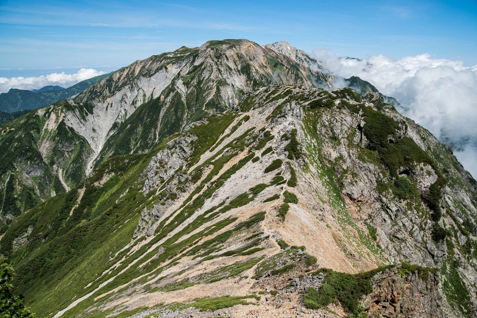 不帰キレットの岩稜帯を進む登山道と青空に映える山岳風景