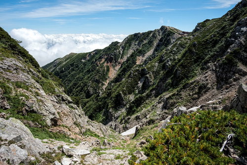 不帰キレット三峰付近から見た唐松山荘方面の岩稜帯