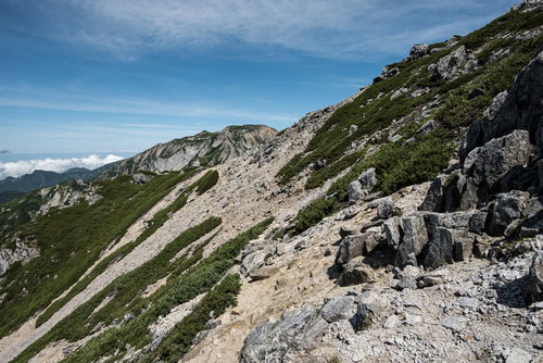 三峰付近の巻道と岩稜帯の登山道（不帰キレット縦走）