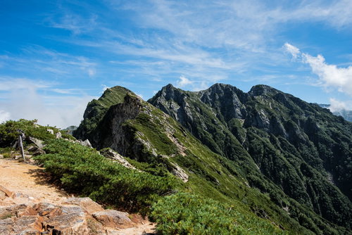 天狗の大下り下部から見た不帰キレットの険しい稜線