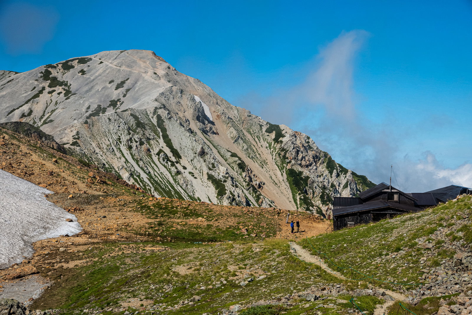 青空の下に佇む天狗山荘と白馬鑓ヶ岳の山岳風景