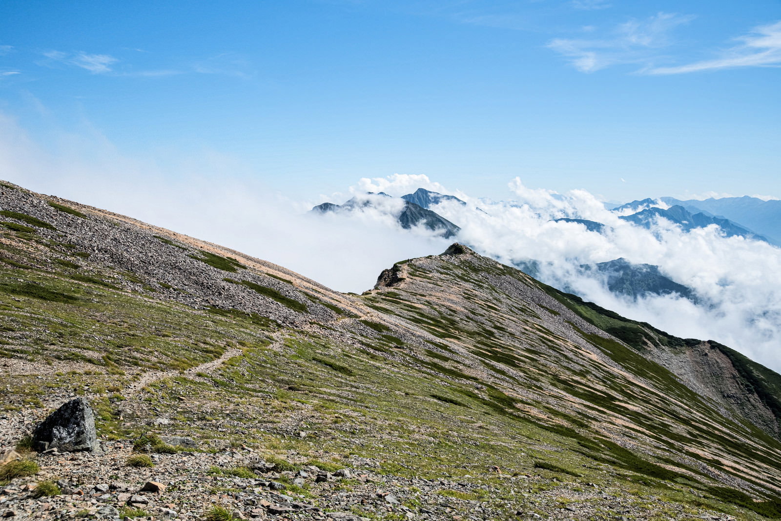 険しい岩稜の天狗背稜と雲海に包まれた唐松岳の山岳風景
