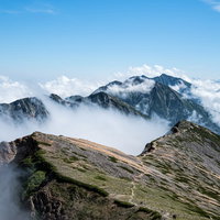 雲海に浮かぶ不帰キレットと天狗背稜の山岳風景の写真