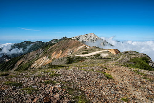 天狗平から望む白馬鑓ヶ岳と三大キレットの登山道