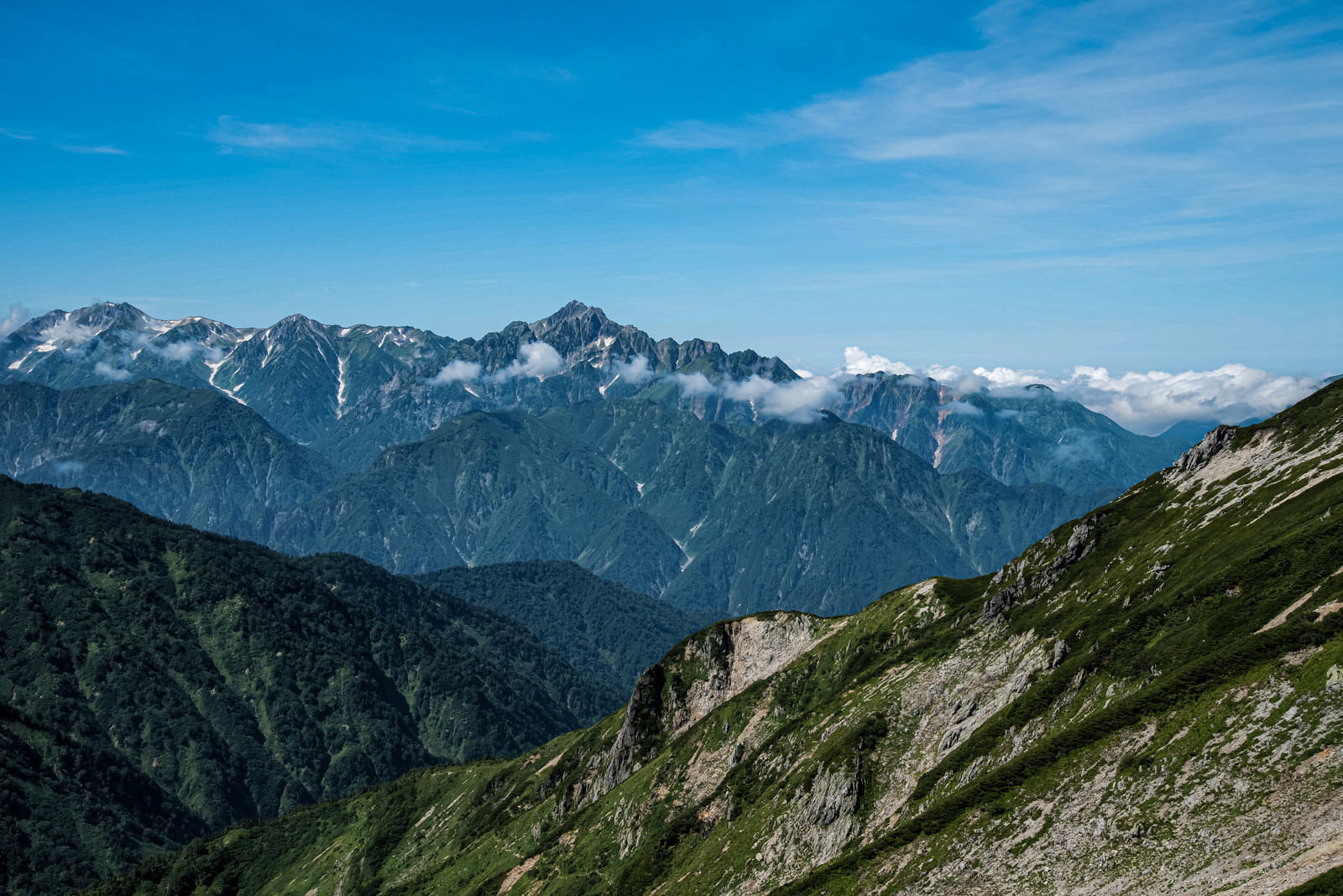 唐松岳から見た剱岳と北アルプスの山々、青空が広がる山岳風景