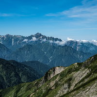 唐松岳から見た剱岳とキレット縦走の北アルプスの写真