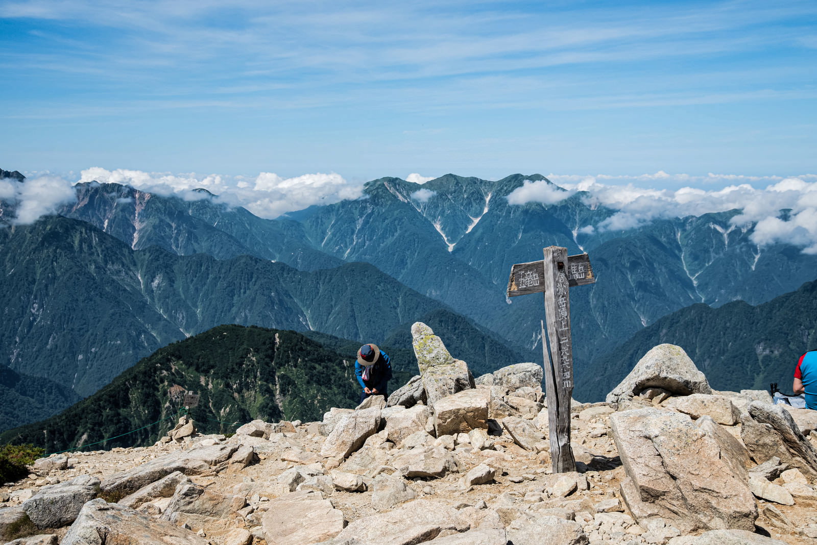 唐松岳山頂の指導標と背景に連なる雪化粧した北アルプスの山並み